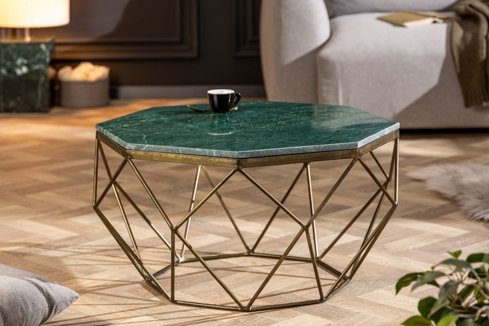 Masuta de cafea Hexagonala din Marmura si Metal Verde/Auriu antichizat L69xH38cm Diamond