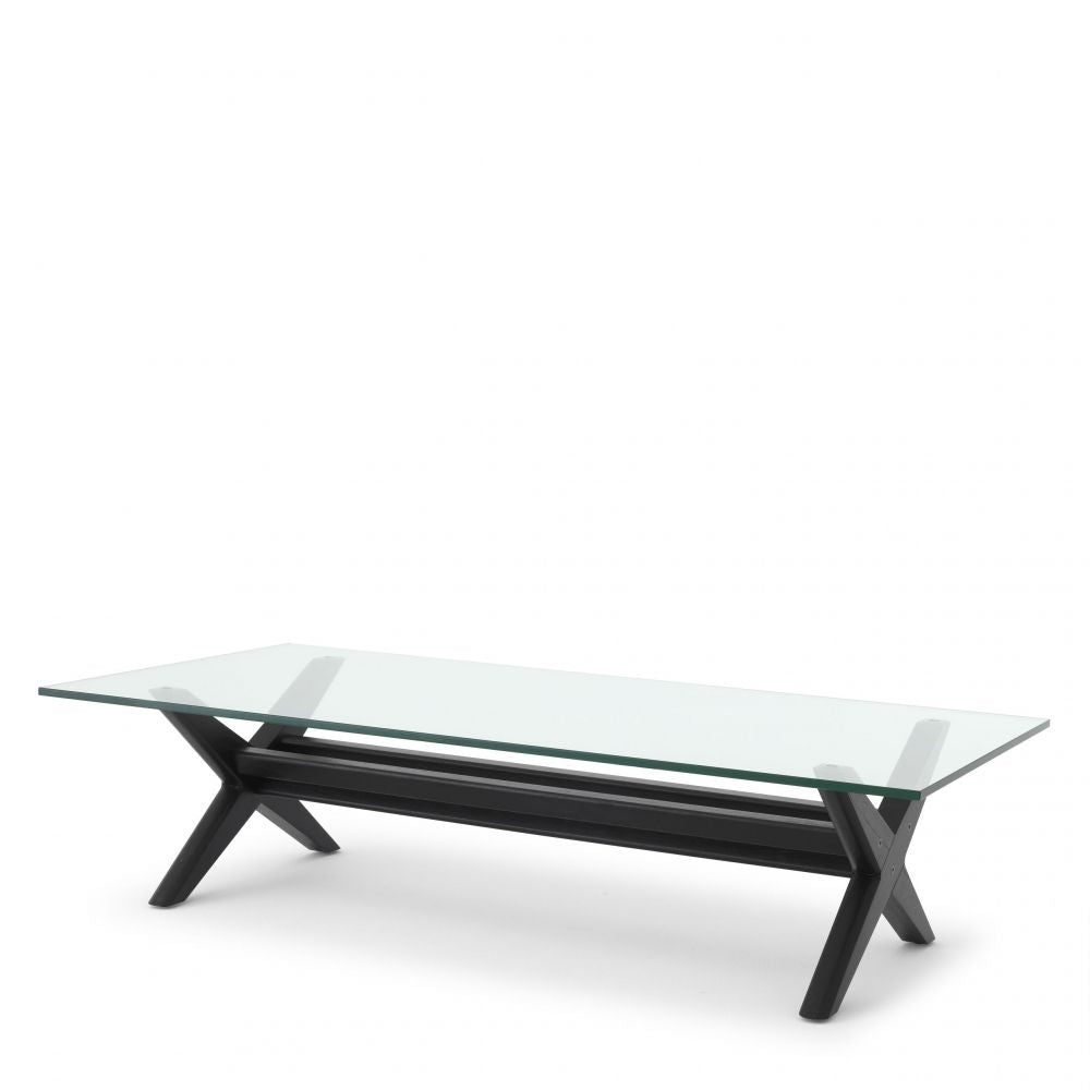 Masuta de cafea Dreptunghiulara din Lemn de mindi si Sticla Negru/Transparent L160xH41cm Maynor