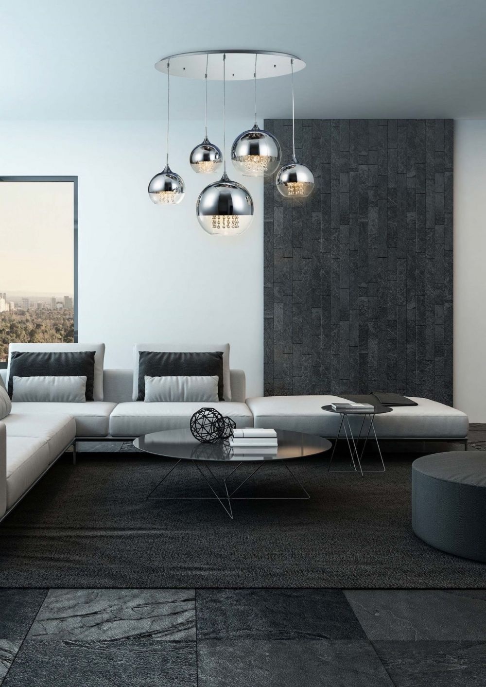 Lustra ovala cu inaltime reglabila din Sticla Transparent cu 5 becuri L91x65xH95cm Fermi
