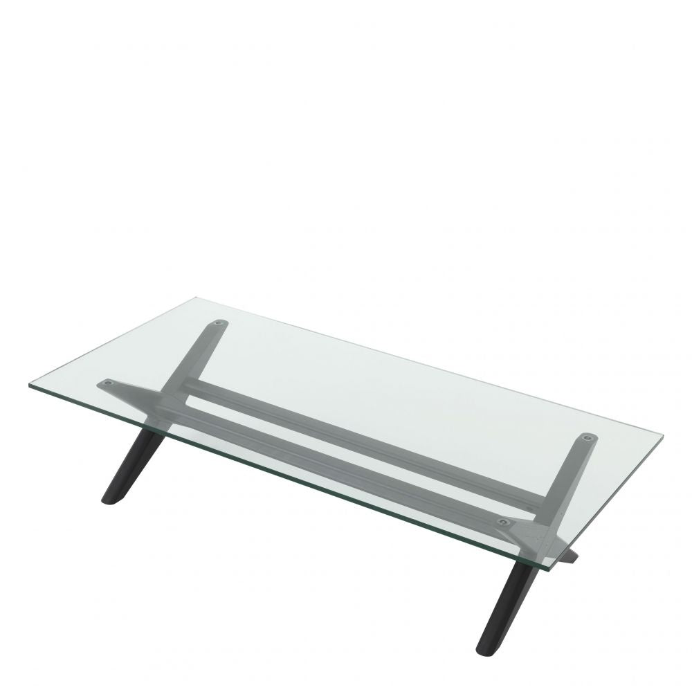Masuta de cafea Dreptunghiulara din Lemn de mindi si Sticla Negru/Transparent L160xH41cm Maynor