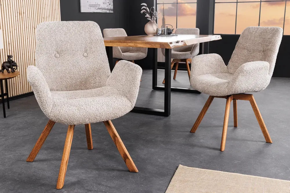 Set 2 scaune rotative tapitat cu Stofa Boucle Bej cu picioare din Lemn de stejar Maro H85xL61xA63cm Baltic