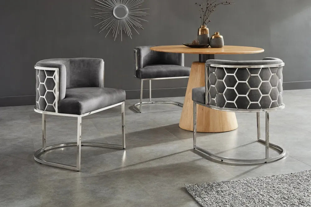 Scaun tapitat cu Catifea Gri si picioare din Otel inoxidabil Argintiu H74xL64xA56cm ELEGANCE