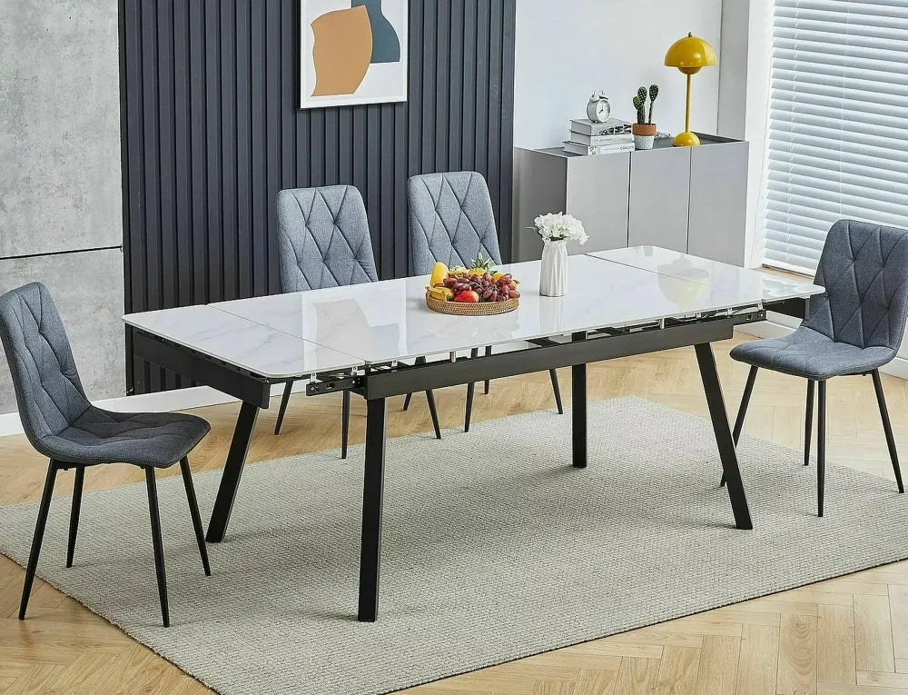 Masa extensibila din Ceramica Alb cu efect de marmura si Metal Negru L120-180xH76cm John