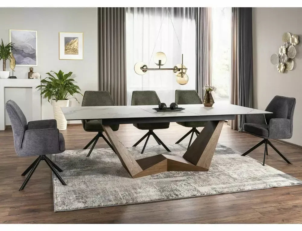 Masa Dreptunghiulara de 12 persoane din Sticla securizata+Ceramica Alb mat cu efect de marmura si MDF+furnir Maro L200-250xH76cm Bonucci