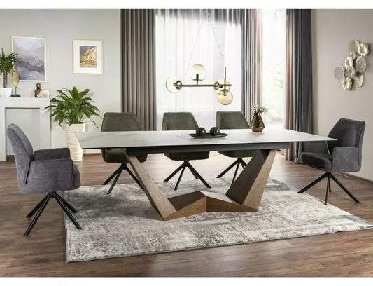 Masa Dreptunghiulara de 12 persoane din Sticla securizata+Ceramica Alb mat cu efect de marmura si MDF+furnir Maro L200-250xH76cm Bonucci
