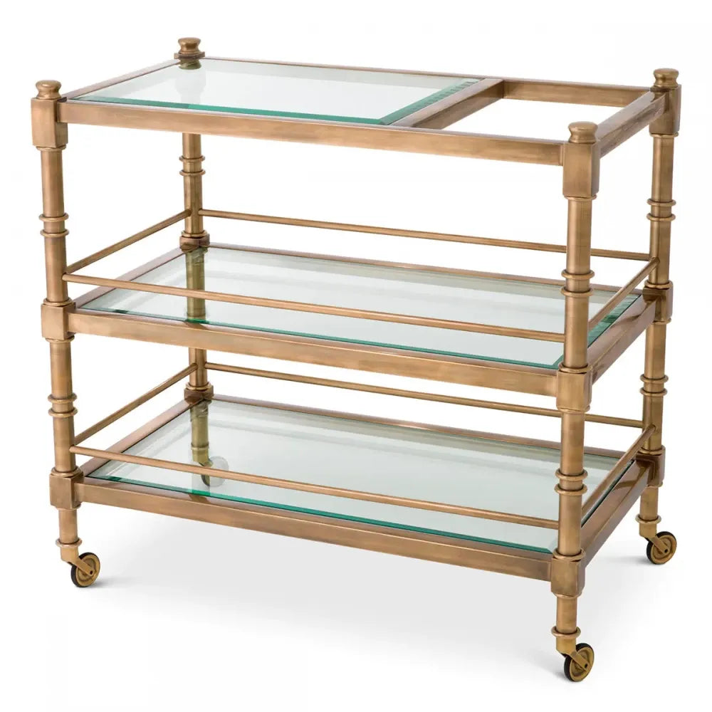 Carucior de servire Dreptunghiulara din Otel inoxidabil Alama si Sticla Transparent L82xl46cm Alexia Eichholtz