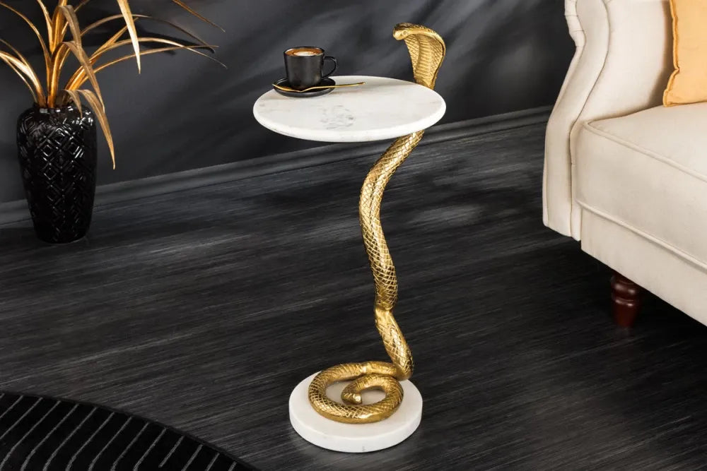 Masuta laterala din Marmura Alb si Metal Auriu L28xH63cm Wildlife cobra