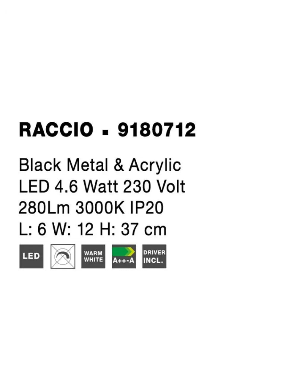 Aplica de perete structura din Metal Negru si abajur din Acrilic Alb H37xL6cm IP20 6W 426lm 3000k RACCIO