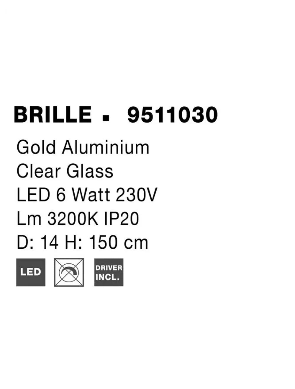 Pendul structura din Aluminiu Auriu si abajur din Acrilic Transparent H250xL14cm IP20 6W 322lm 3200k BRILLE