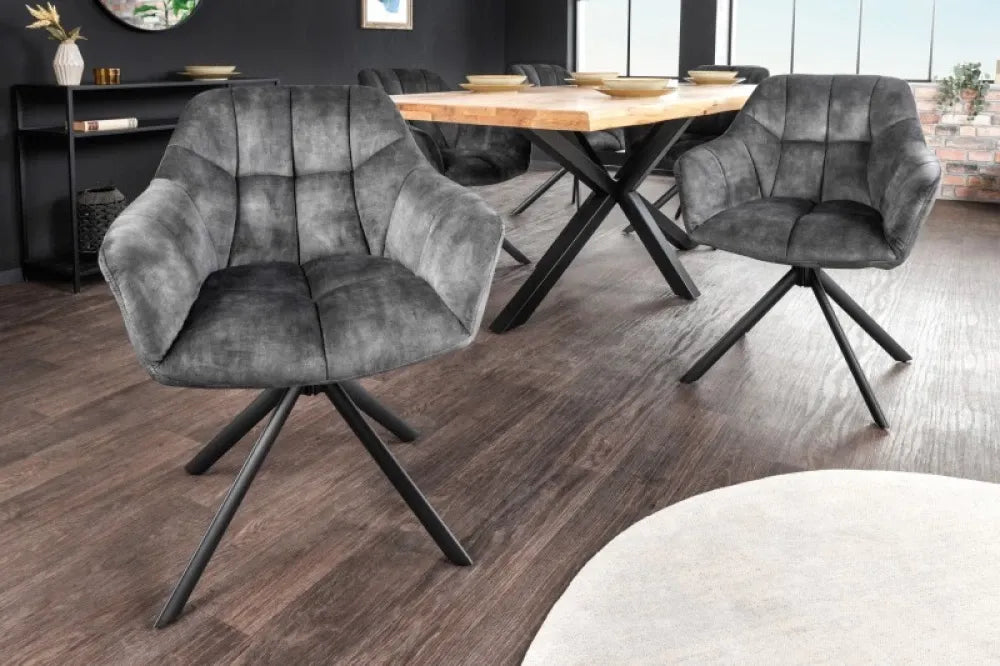 Scaun pivotant tapitat cu Catifea Gri deschis cu picioare din Metal Negru H83xL65xA66cm Papillon