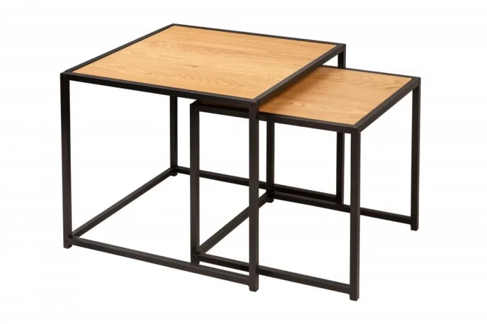 Set 2 masute laterale Patrate din Lemn stratificat Maro si Metal Negru L40/50xH40/45cm Slim