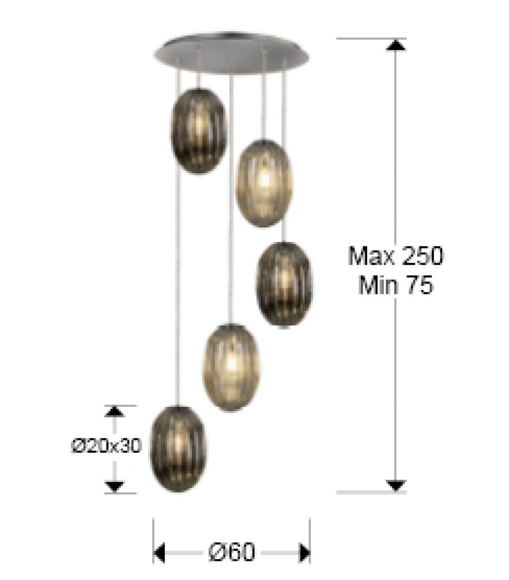 Lustra rotunda cu inaltime reglabila din Sticla Gri cu 5 becuri D60xH250cm Ovila