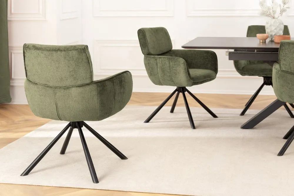 Set 2 scaune rotative cu brate  tapitat cu Chenille Verde si picioare din Metal Negru H84xL61xA64cm Unique
