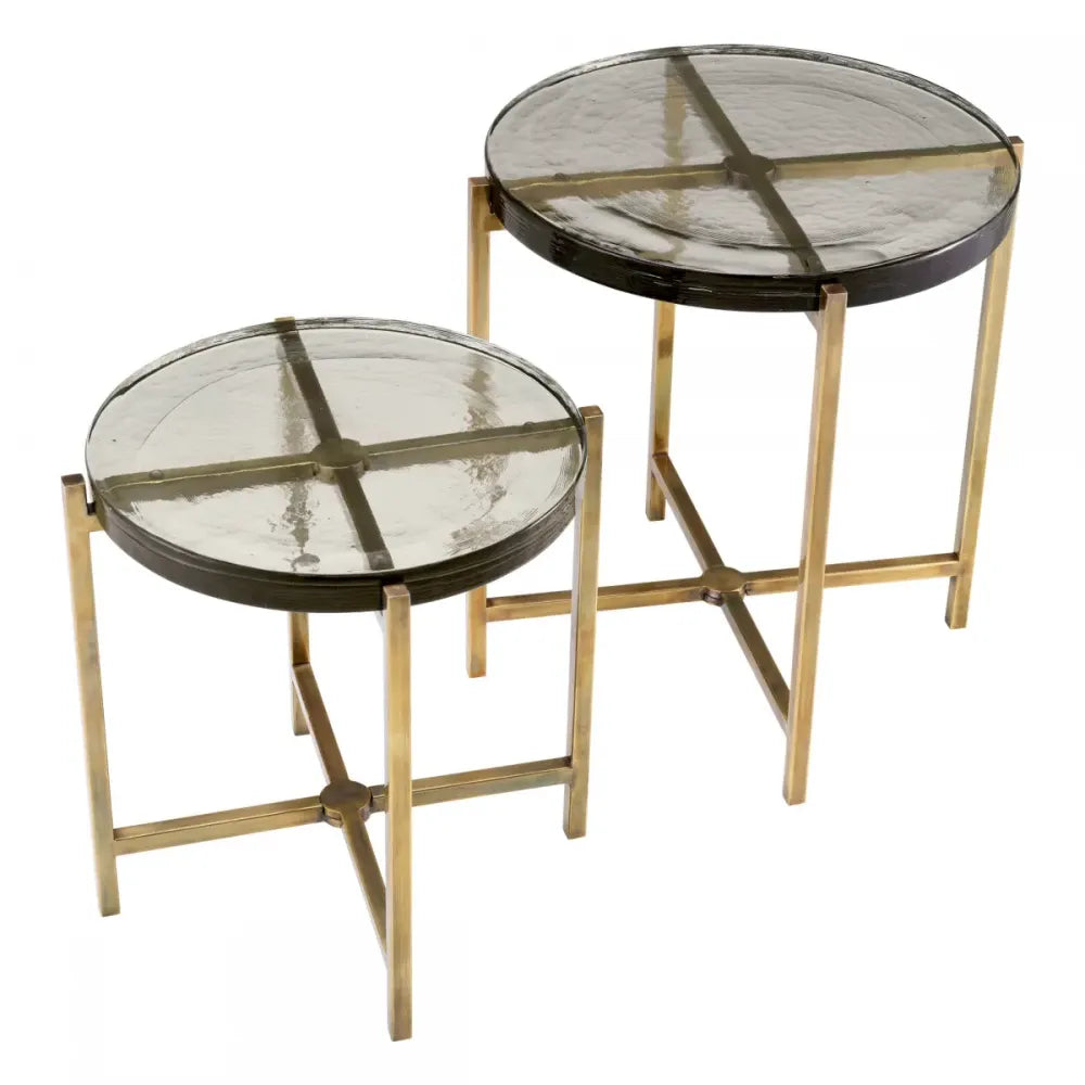 Set 2 masute laterale Rotunde din Otel inoxidabil Alama si Sticla Transparent D49.5/57xH50/60.5cm Haymann Eichholtz