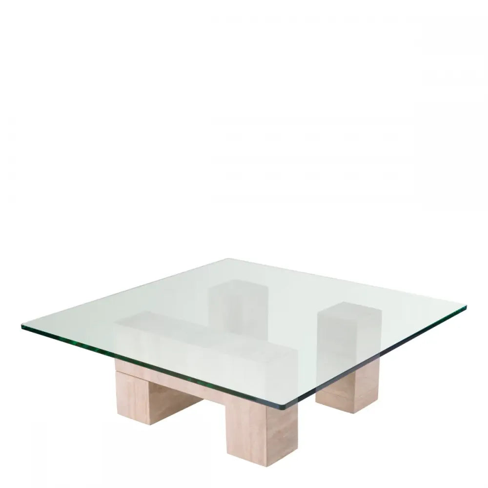 Masuta de cafea Patrata din Travertin Bej si Sticla Transparent L100xl100cm Ikal Eichholtz