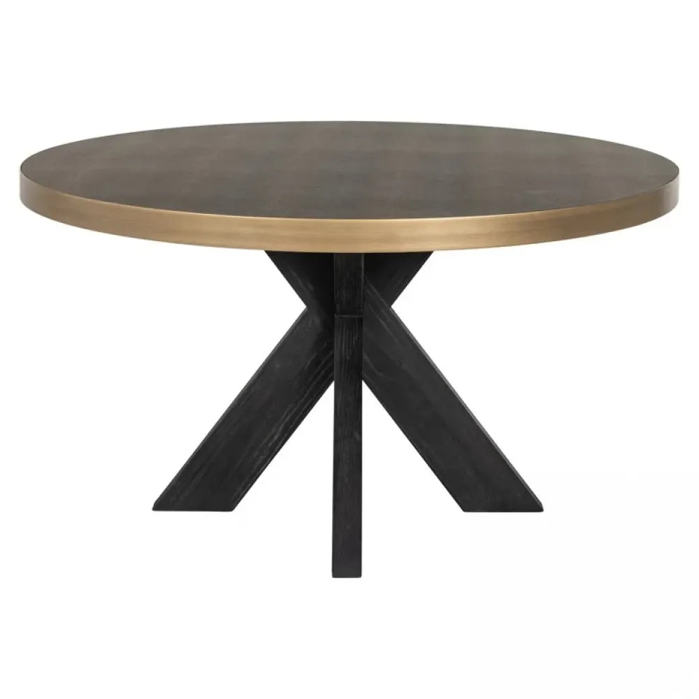 Masa Rotunda de 4 persoane din Piele artificiala Auriu antichizat si Lemn de stejar Negru D140xH76cm Bloomville Richmond Interiors