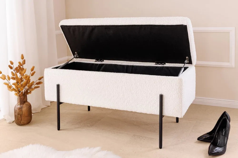 Bancheta cu spatiu de depozitare din Metal Negru si Stofa boucle Alb H46xL100cm Loft