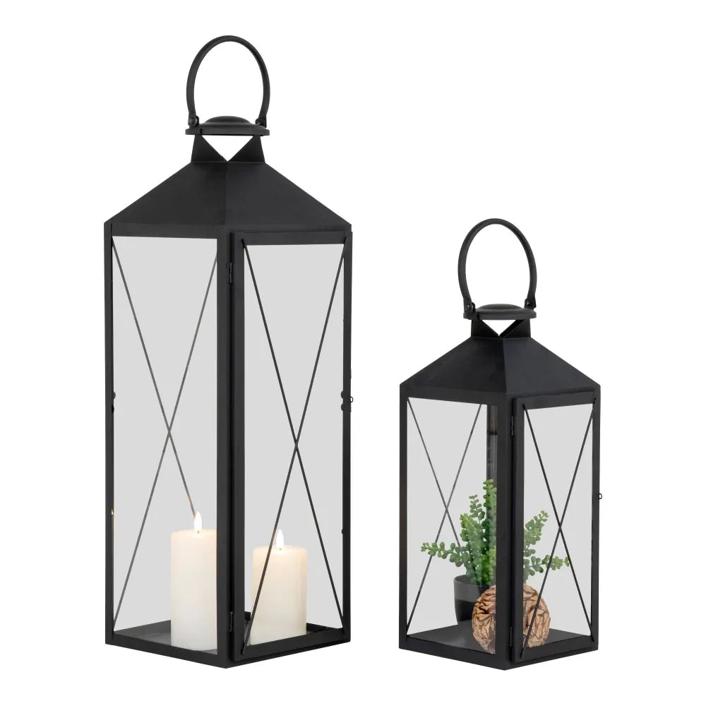 Set 2 felinare din Metal/Sticla Negru/Transparent H45/70xL19/23cm Casa