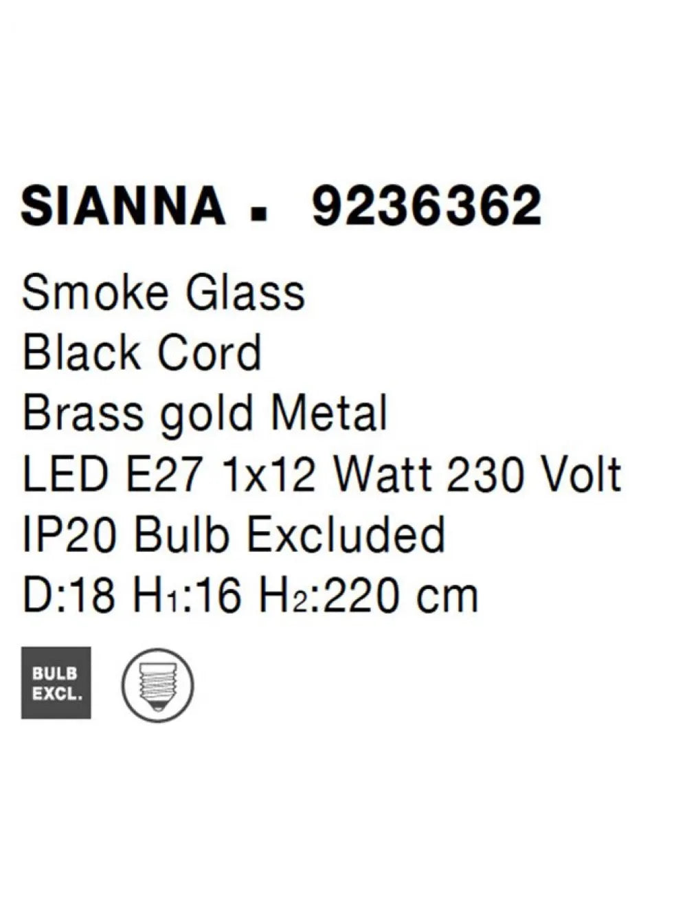 Pendul structura din Metal Auriu si abajur din Sticla Fumuriu H220xL18cm IP20 SIANNA