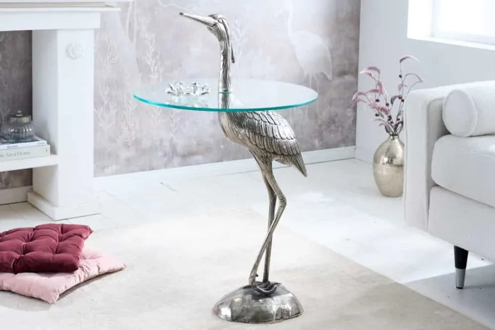 Masuta laterala din Sticla securizata Transparent si Metal Argintiu L50xH88cm Wildlife heron