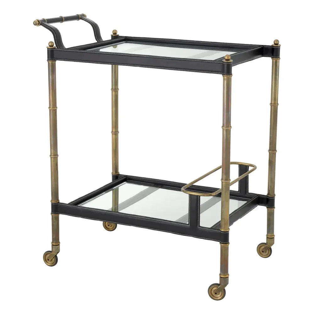 Carucior de servire Dreptunghiulara din Otel inoxidabil/piele Alama/negru si Sticla Transparent L74xl44.5cm Princess Eichholtz