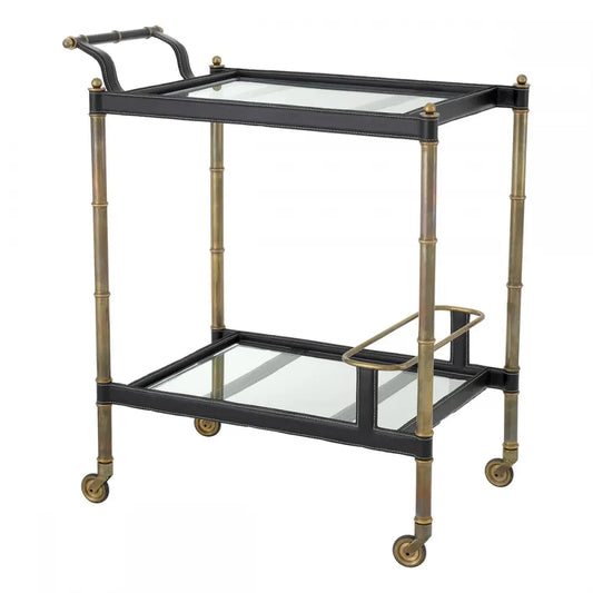 Carucior de servire Dreptunghiulara din Otel inoxidabil/piele Alama/negru si Sticla Transparent L74xl44.5cm Princess Eichholtz