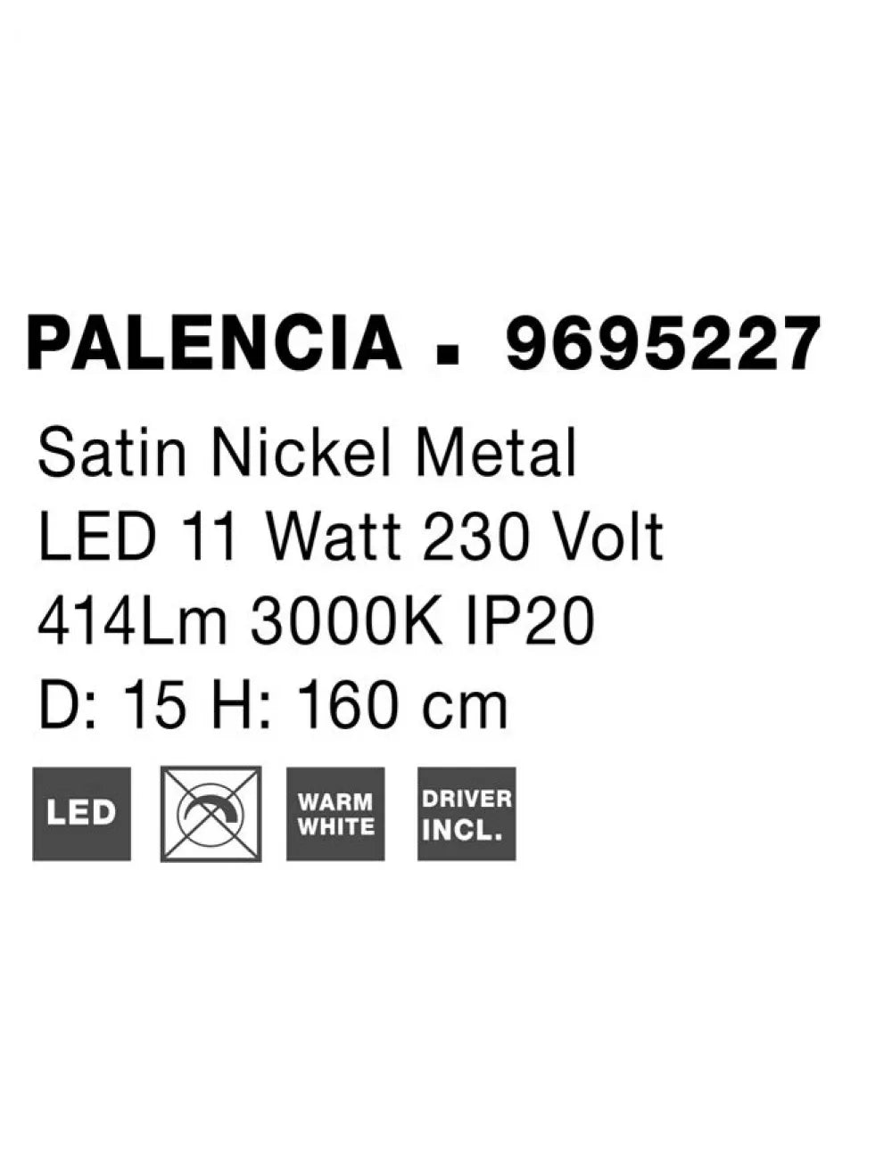 Pendul din Metal Argintiu H160xL15cm IP20 10W 517lm 3000k PALENCIA