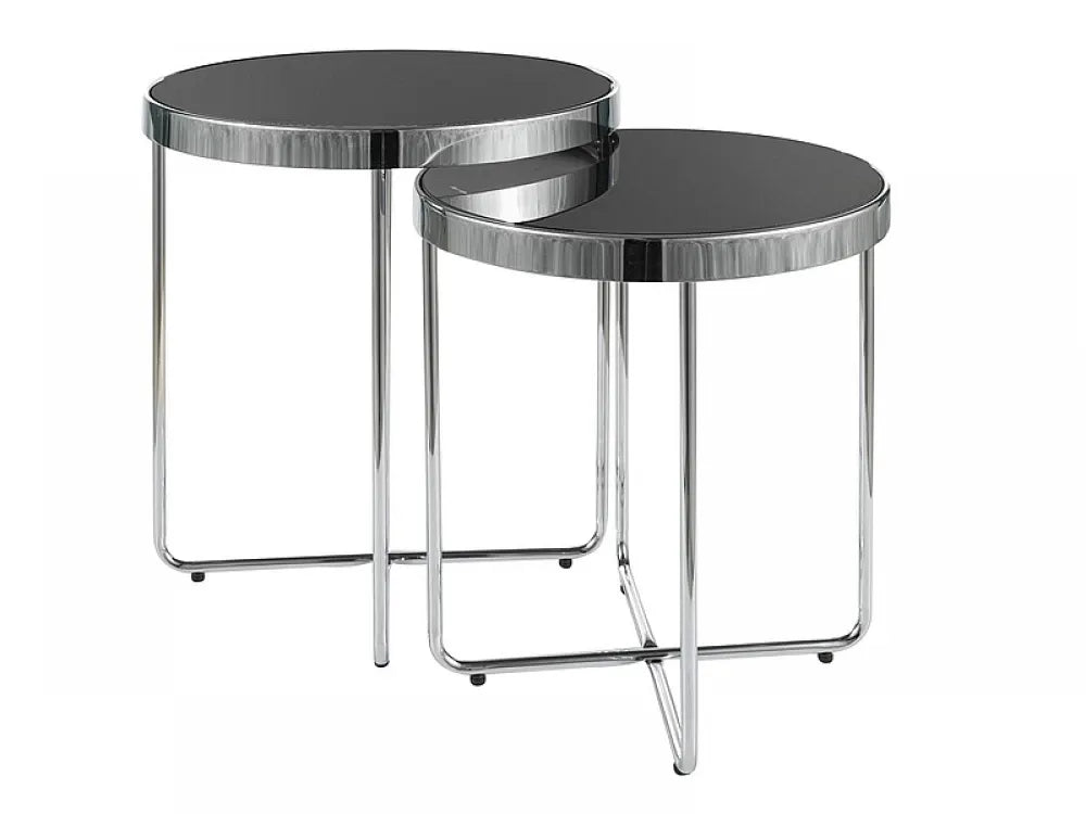 Set 2 masute laterale Rotunda din Sticla securizata Negru si Metal Argintiu D40/45xH45/50cm Saga