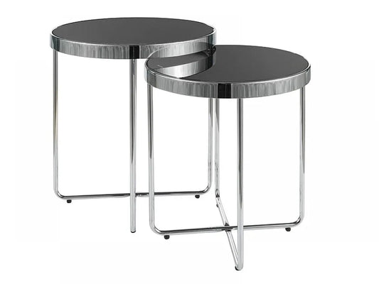 Set 2 masute laterale Rotunda din Sticla securizata Negru si Metal Argintiu D40/45xH45/50cm Saga