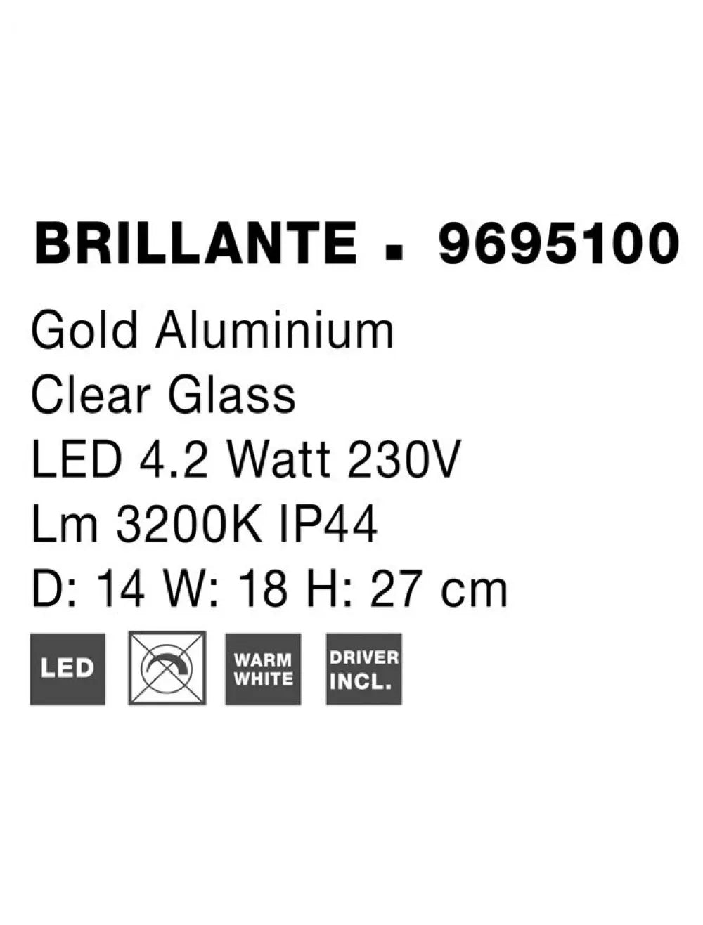 Aplica de perete structura din Aluminiu Auriu si abajur din Acrilic Transparent H29xL15cm IP20 4W 204lm 3200k BRILLANTE