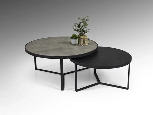 Set 2 masute de cafea din Metal Negru si MDF Gri/Negru D71/91xH36.5/41cm Naira