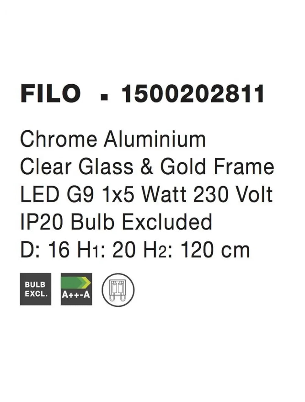 Pendul structura din Aluminiu Argintiu si abajur din Sticla Transparent H120xL16cm IP20 FILO