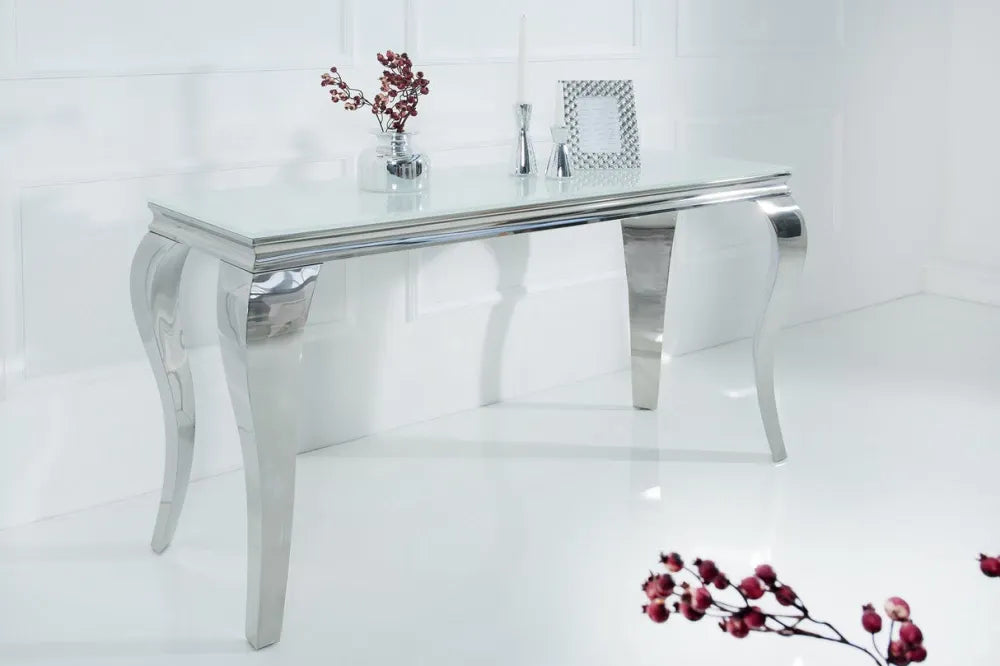Consola din Sticla securizata Alb si Metal Argintiu L140xH75cm MODERN BAROCK