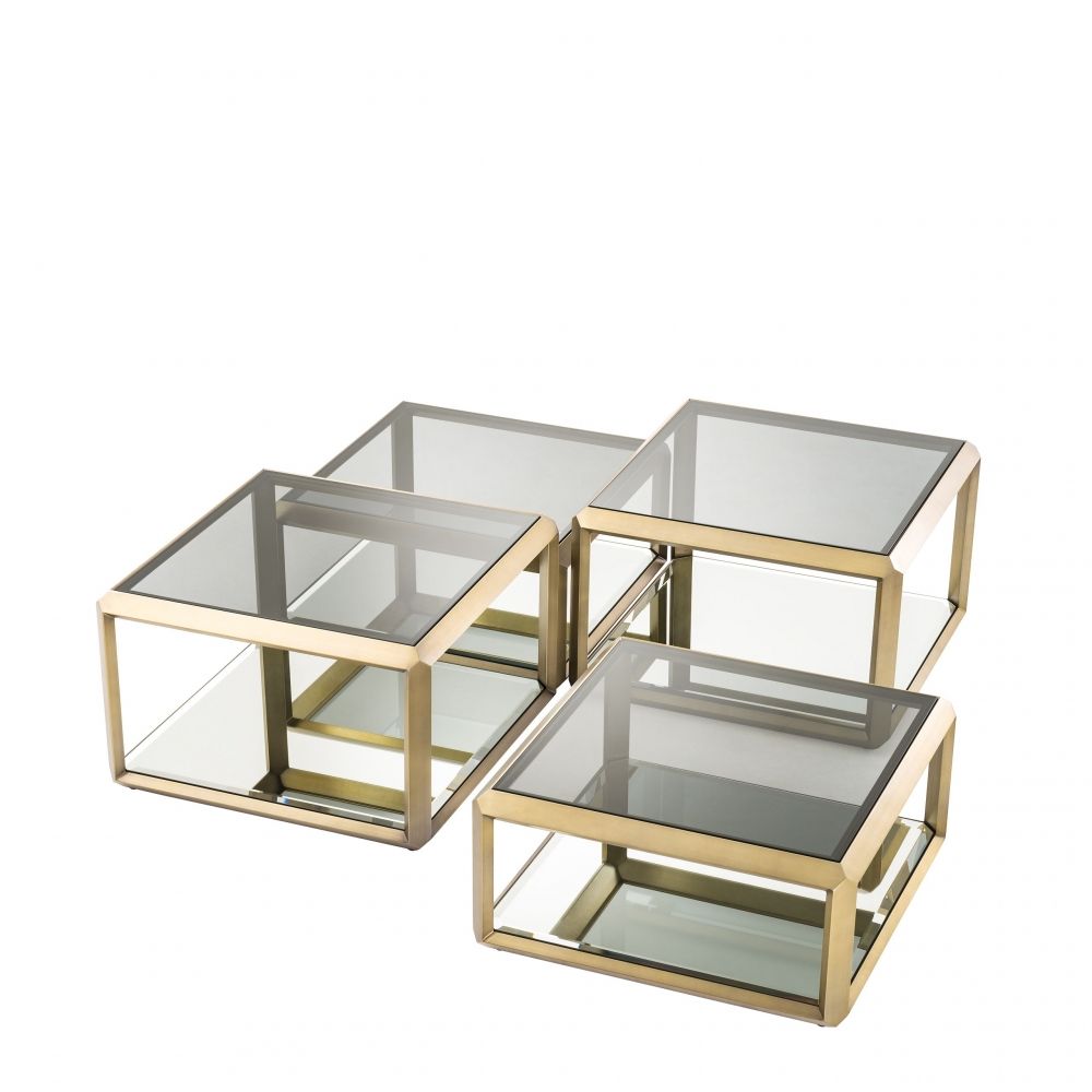 Set 4 masute de cafea Patrate din Otel inoxidabil si Sticla Auriu/Transparent L75xH36/48cm Callum