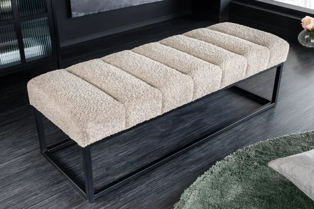 Bancheta din Metal Negru si Stofa boucle Grej H40xL108cm Petit beaute