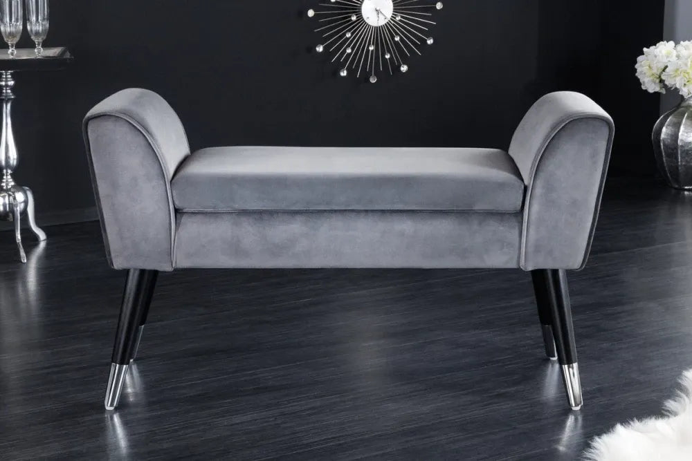 Bancheta din Lemn/Metal Negru/Argintiu si Catifea Gri H56xL90cm Scarlett