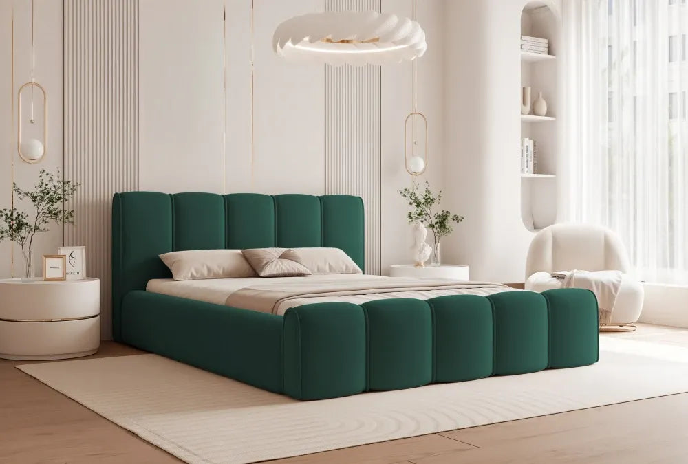 Pat 160 x 200 tapitat cu Catifea Dream velvet Verde smarald Nero