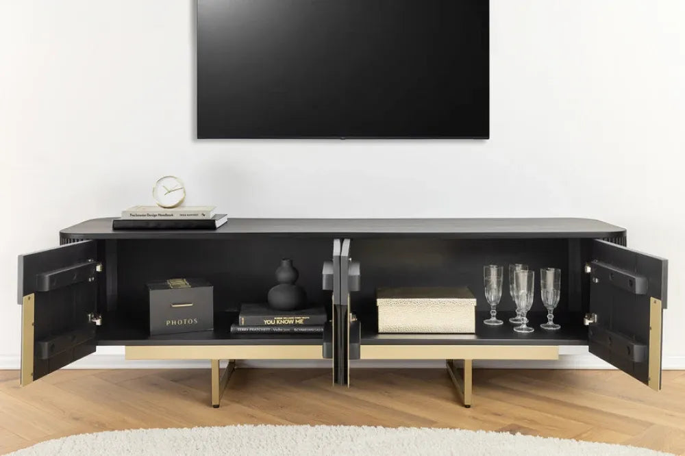 Comoda TV din Lemn de mango Negru si Metal Auriu L160xH50cm GATSBY