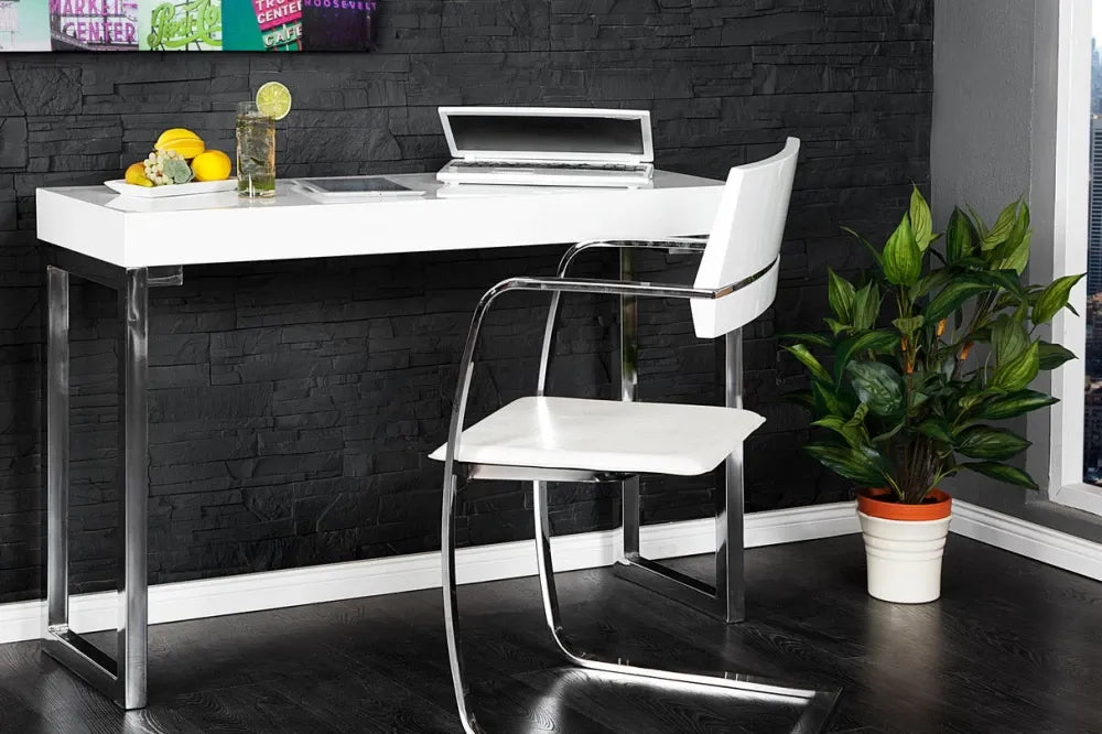 Birou din MDF Alb lucios si Metal Argintiu L120xH75cm White