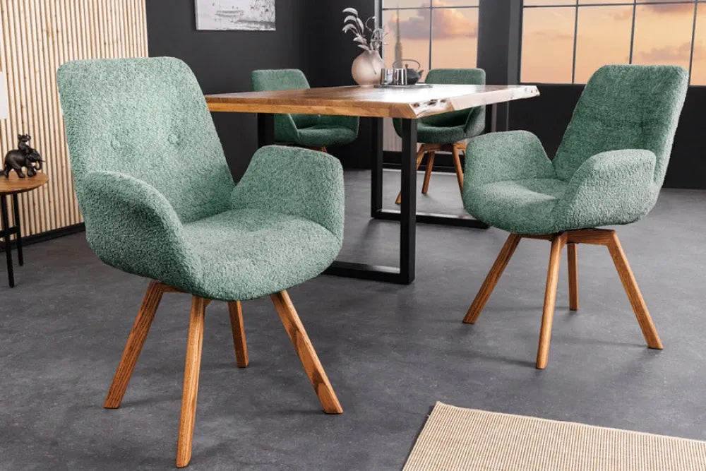 Set 2 scaune rotative tapitat cu Stofa boucle Verde mint si picioare din Lemn de stejar Maro H85xL61xA63cm BALTIC