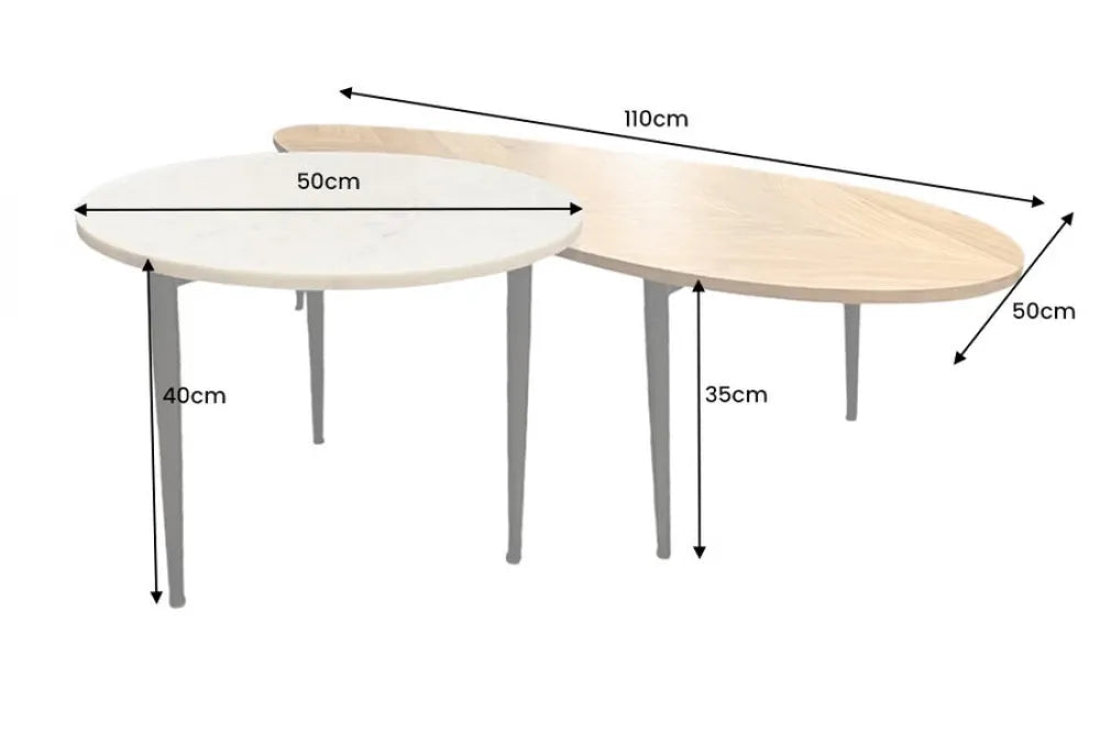 Set 2 masute de cafea din Lemn de salcam/Marmura Maro/Alb si Metal Negru D50xH35/40cm Adlon