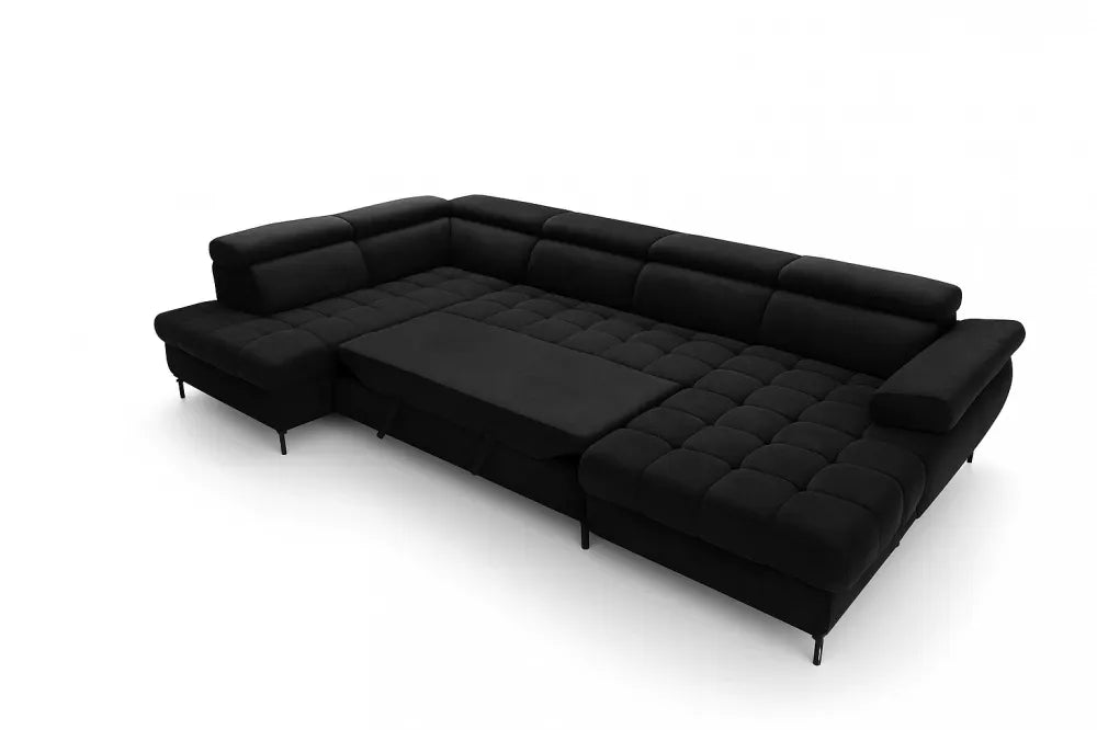 Coltar extensibil in forma de U si spatiu depozitare din catifea negru Ferruce III L344 x 202cm