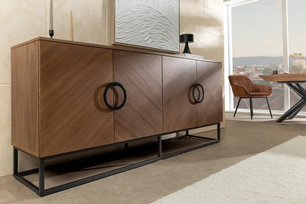 Comoda din MDF/Furnir de nuc Maro si Metal Negru L180xH80cm GRANDEZZA