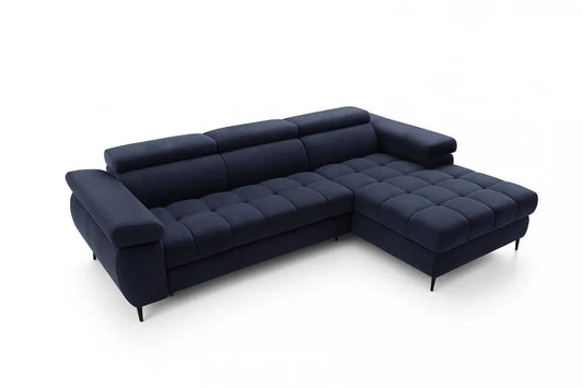 Coltar extensibil si spatiu depozitare din catifea albastru Ferruce I L276 x 174cm