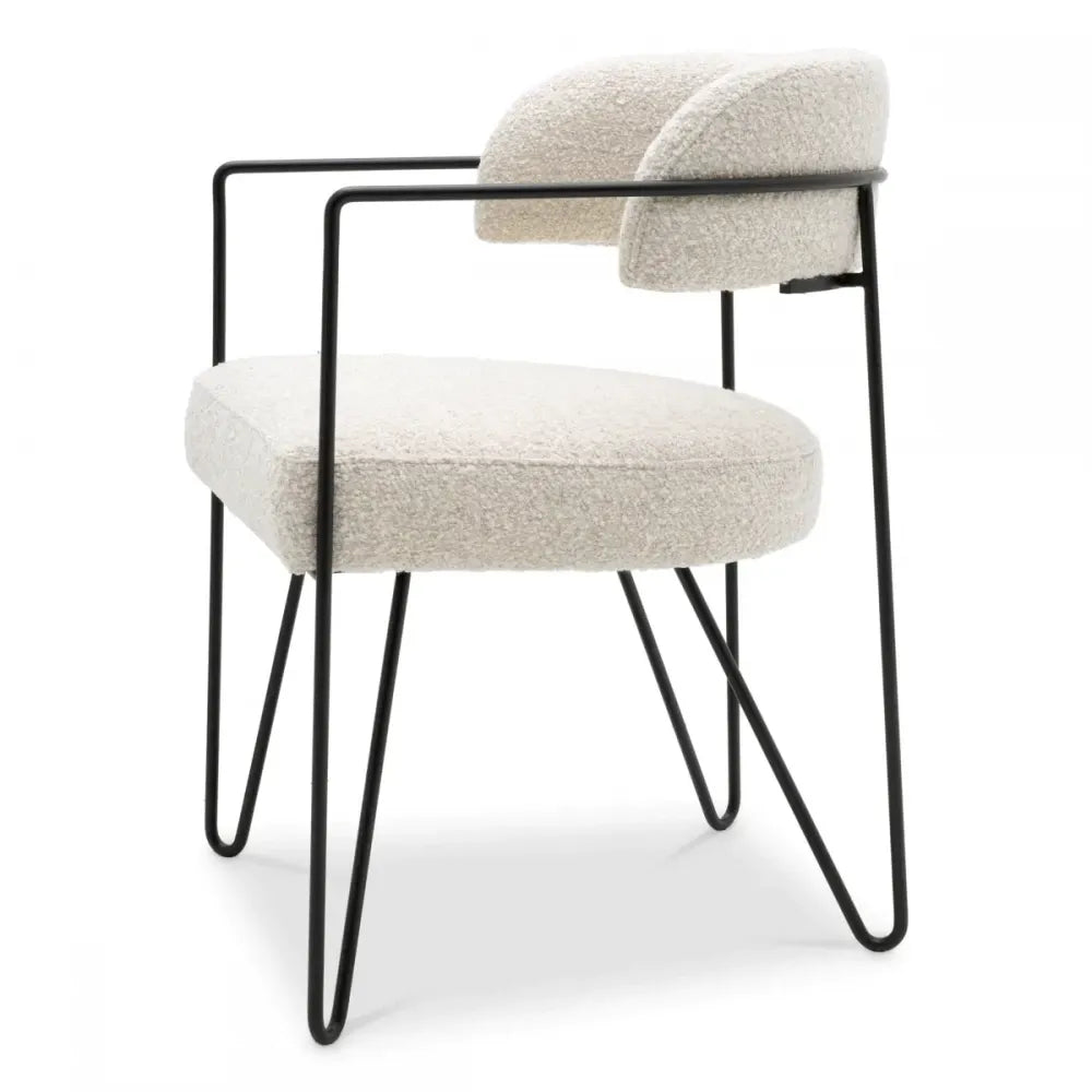 Scaun tapitat cu Stofa boucle Alb cu picioare din Metal Negru H74xL57xA59cm Giuseppe Eichholtz