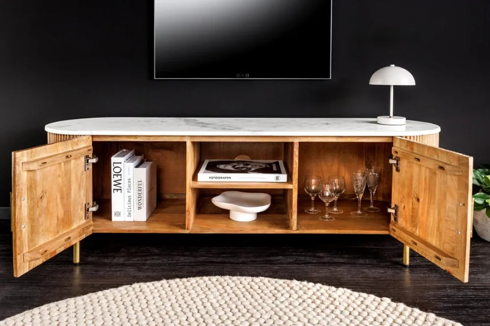 Comoda TV din Marmura Alb si Metal/Lemn de mango Auriu/Maro L140xH51cm TRES CHIC
