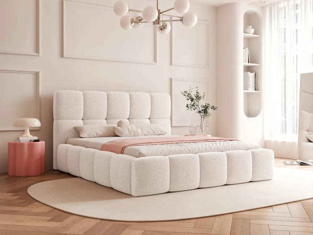 Pat 140 x 200 tapitat cu Stofa boucle Quelle Alb Livia