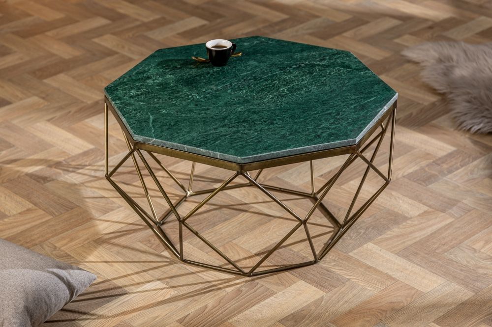 Masuta de cafea Hexagonala din Marmura si Metal Verde/Auriu antichizat L69xH38cm Diamond
