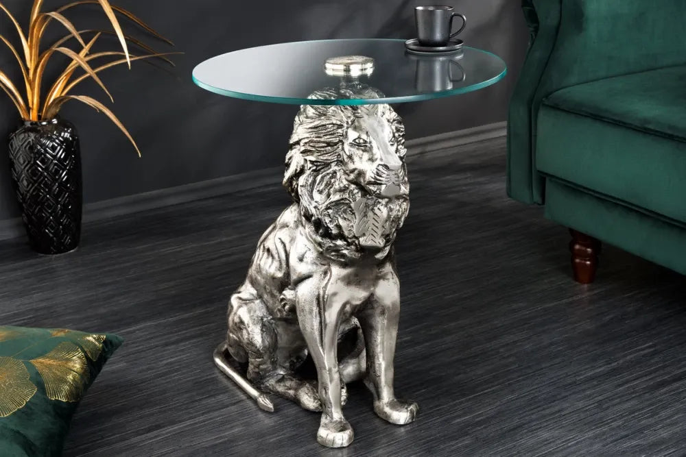 Masuta laterala din Sticla securizata Transparent si Metal Argintiu L45xH57cm Wildlife lion