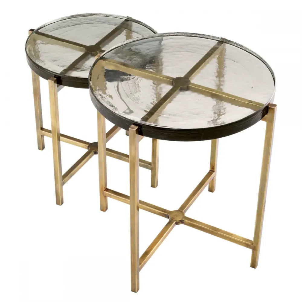 Set 2 masute laterale Rotunde din Otel inoxidabil Alama si Sticla Transparent D49.5/57xH50/60.5cm Haymann Eichholtz